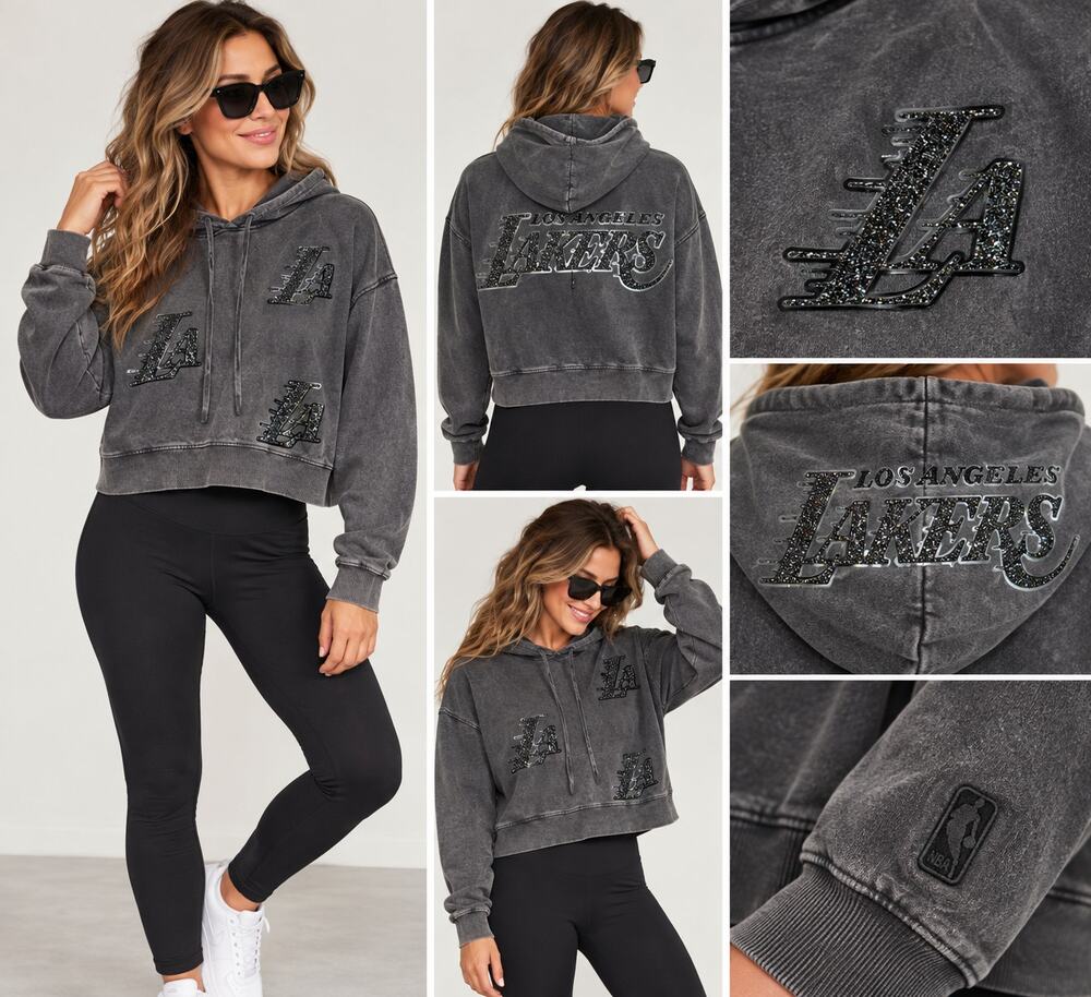 Pro Standard Lakers Cropped Hoodie SPARKLY Women’s S NWT Washed Black